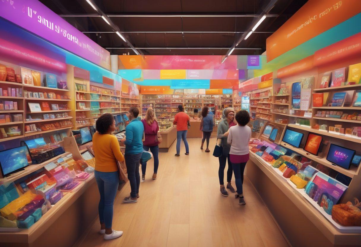 A bustling e-commerce marketplace scene featuring happy customers interacting with joyful sellers, surrounded by colorful product displays and digital screens showcasing trade solutions. Include diverse people of different ages and backgrounds, engaging in transactions with smiles and satisfaction. Bright and vibrant colors to evoke a sense of happiness and success in trading. digital art. vibrant colors.