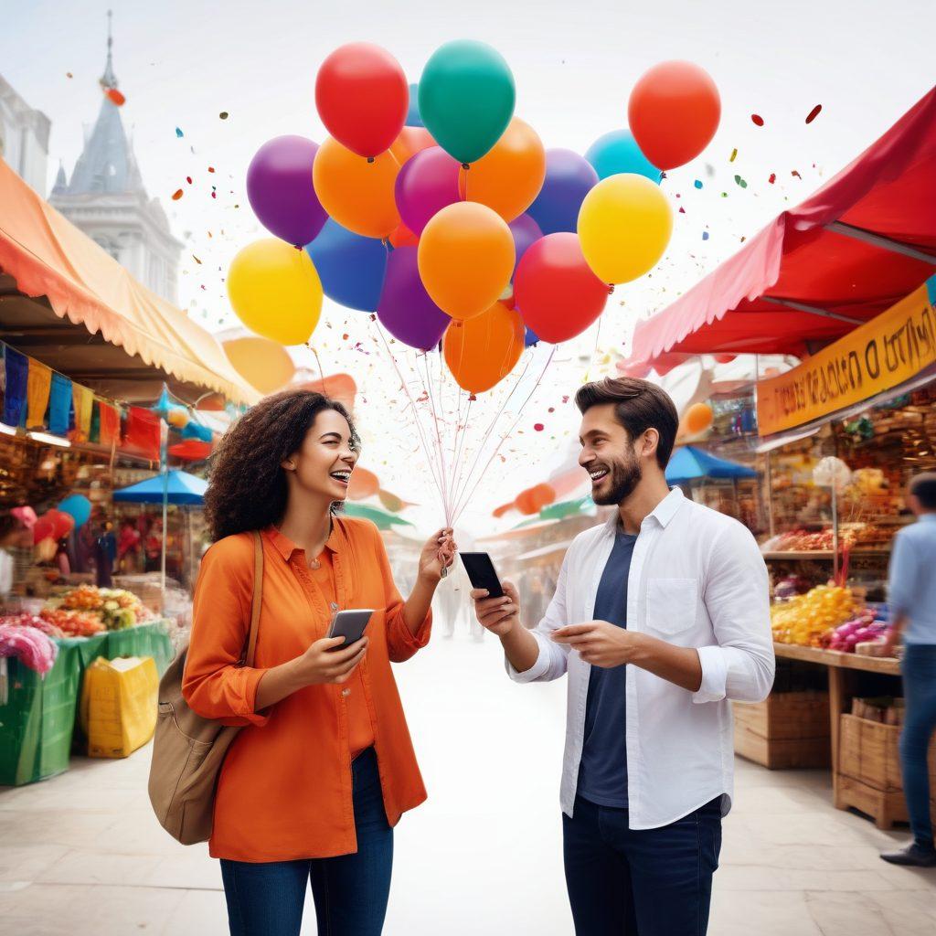 A dynamic scene featuring two smiling individuals exchanging goods in a bustling marketplace, surrounded by vibrant banners showcasing innovative transaction strategies. Include visual elements that symbolize delight, such as colorful balloons and confetti. The background should depict a blend of traditional and digital payment methods, illustrating the concept of transformed transactions. super-realistic. vibrant colors. white background.